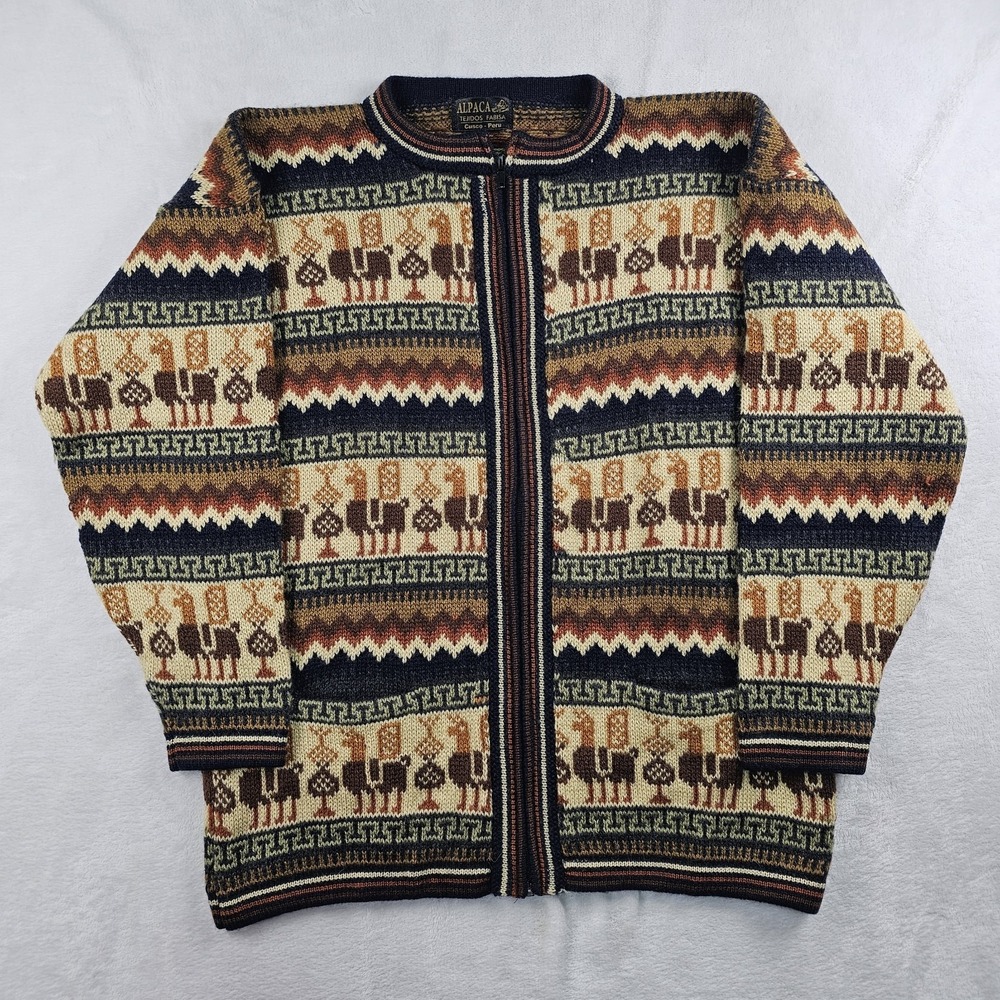 Alpaca Full Zip Cardigan Sweater Small 38" 100% Alpaca Cusco Peru Llama Tribal